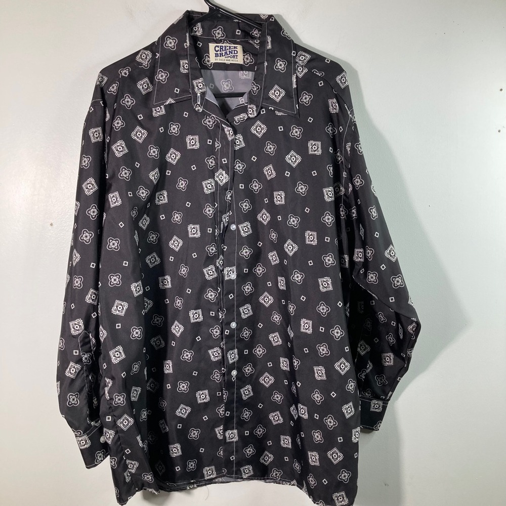 Creek Brand Sport By Dale Mens Button Shirt Black Geometric Print Made USA 2XL